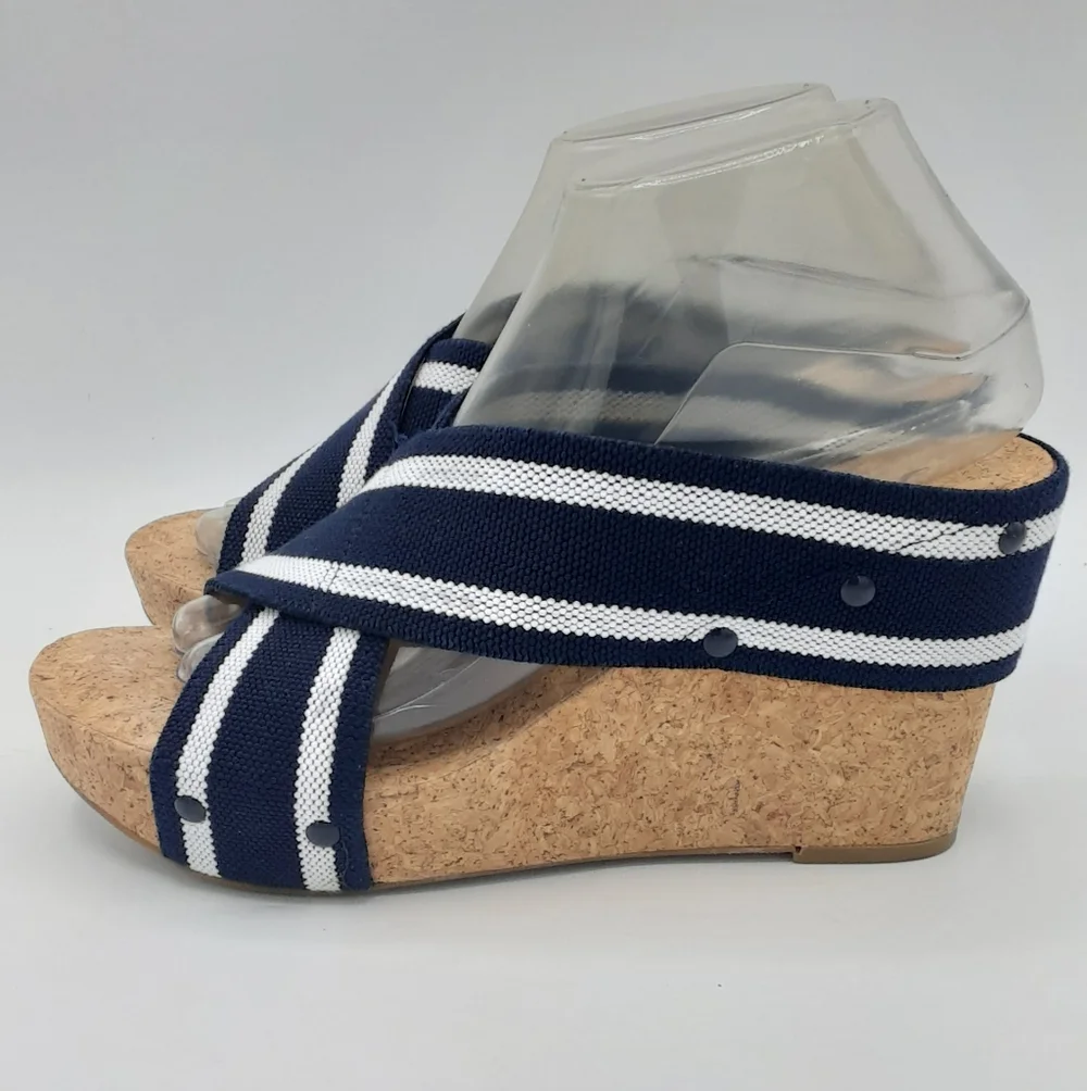 Lucky Brand Miller2 Navy Striped Cork Wedge Sandals